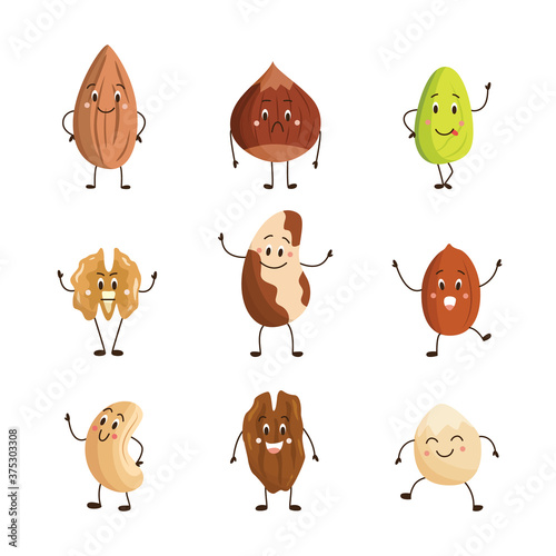 Set of funny cartoon various nuts characters vector illustration isolated.