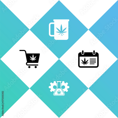 Set Shopping cart with marijuana, Test tube, Cup tea and Calendar and icon. Vector.