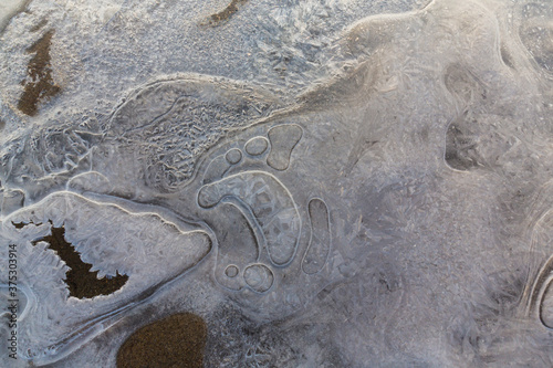 Hoarfrost and fresh powder snow in winter, on a wild, beautiful, river bank photo