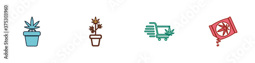 Set Marijuana plant in pot, , Shopping cart with marijuana and or cannabis seeds icon. Vector.