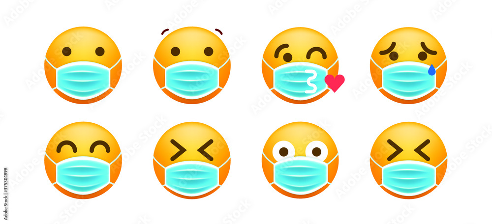 Set of Realistic Cute Emoticons with Face Mask on White Background . Isolated Vector Illustration 