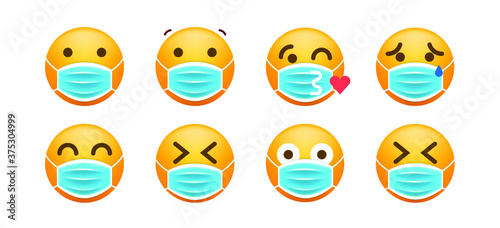 Set of Realistic Cute Emoticons with Face Mask on White Background . Isolated Vector Illustration 