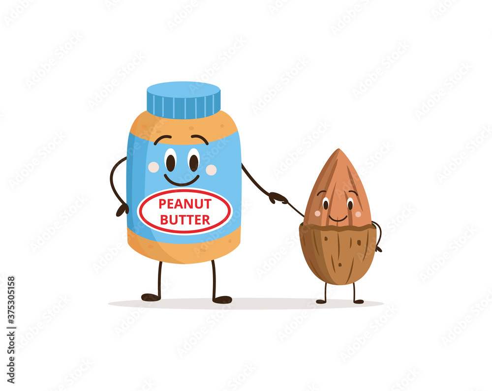 Fototapeta premium Cartoon peanut butter jar holding hands with brown nut