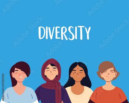 latin muslim indian and european women cartoons vector design