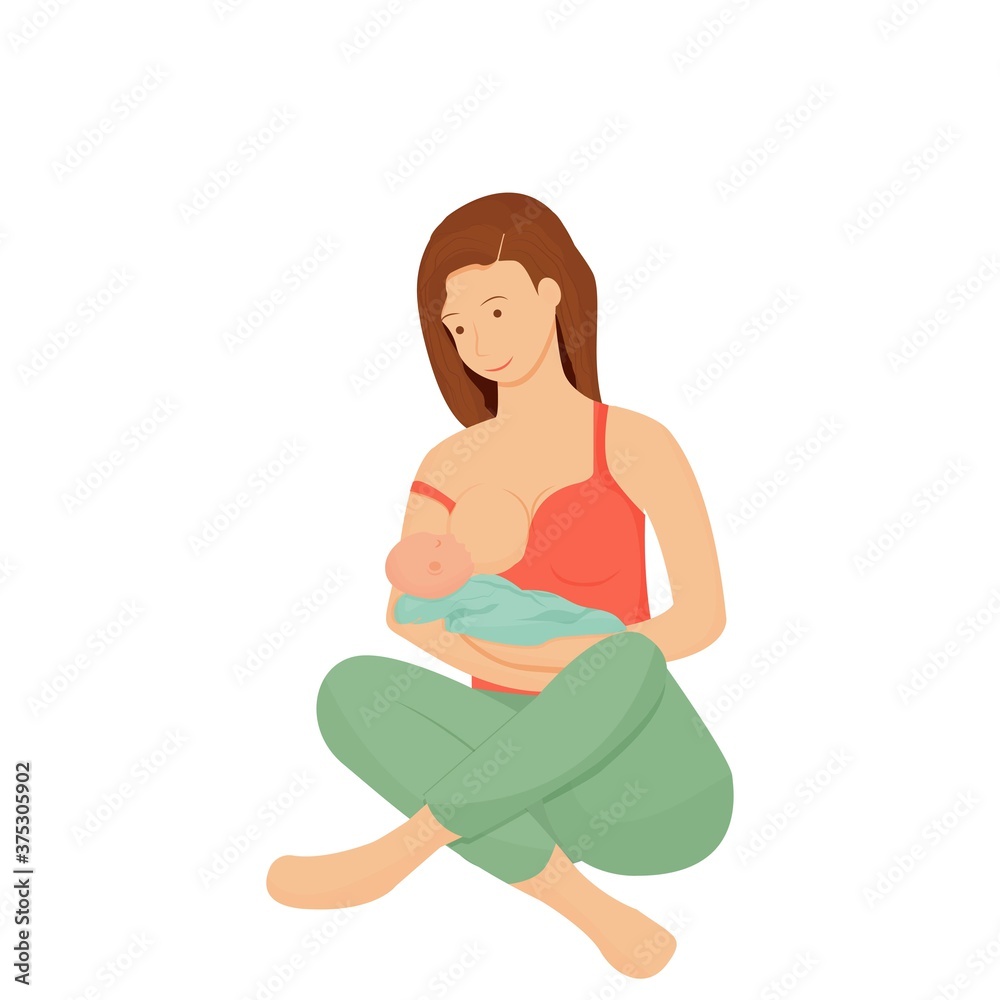Breastfeeding, happy mother sitting, holding baby and feeding with breast isolated on white background. Maternity, nursing concept in flat, cartoon style. Breastfeeding, happy mother sitting, holding baby and feeding with breast isolated on white background. Maternity, nursing concept in flat, cartoon style.