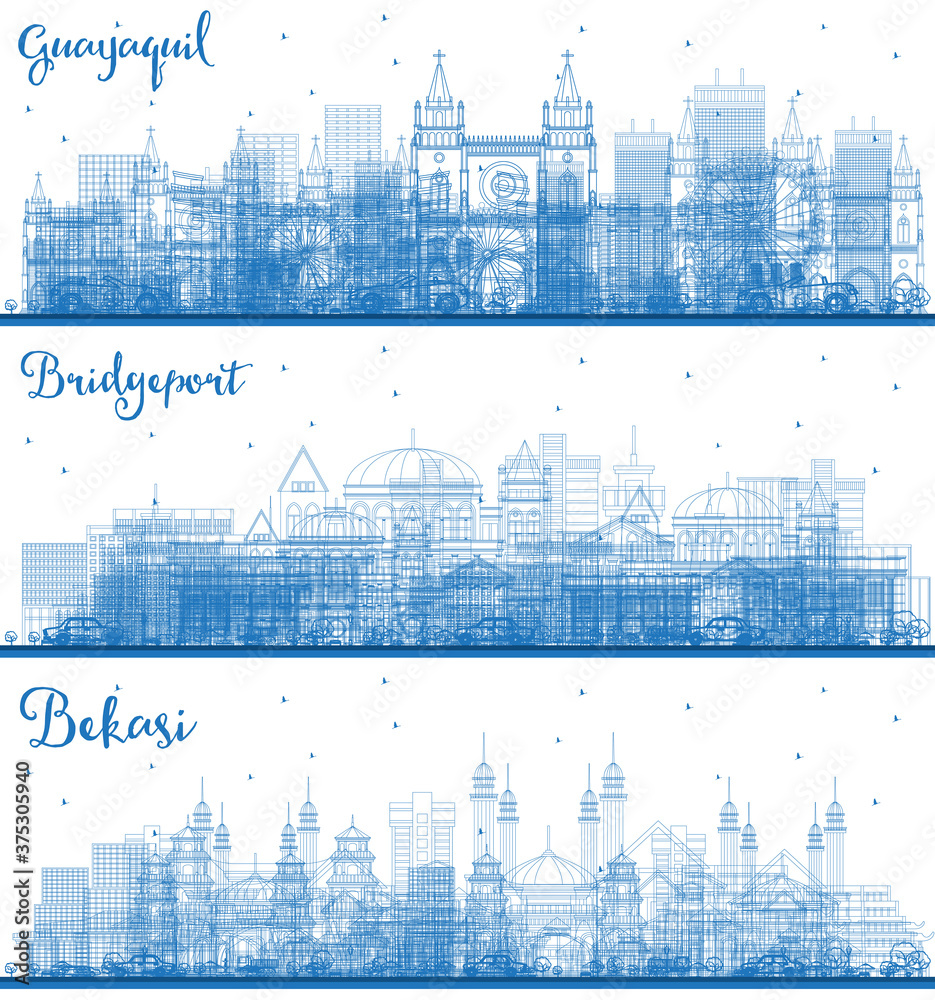 Outline Guayaquil Ecuador, Bekasi Indonesia and Bridgeport Connecticut City Skyline with Blue Buildings.