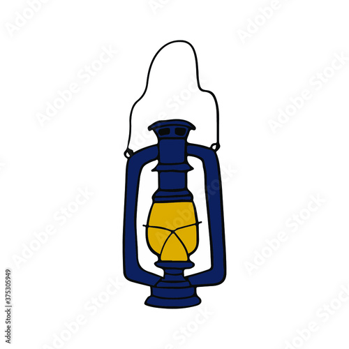 Magical vintage black metal kerosene lamp with yellow light fire hand drawn illustration. Astronomy old antique oil lantern isolated on white background. 