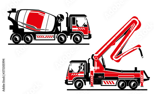 Concrete truck and truck with concrete pump two colors vector illustration. Heavy machinery, concrete builders.