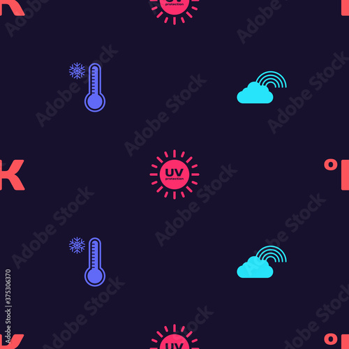 Set Rainbow with cloud, Meteorology thermometer, UV protection and Kelvin on seamless pattern. Vector.
