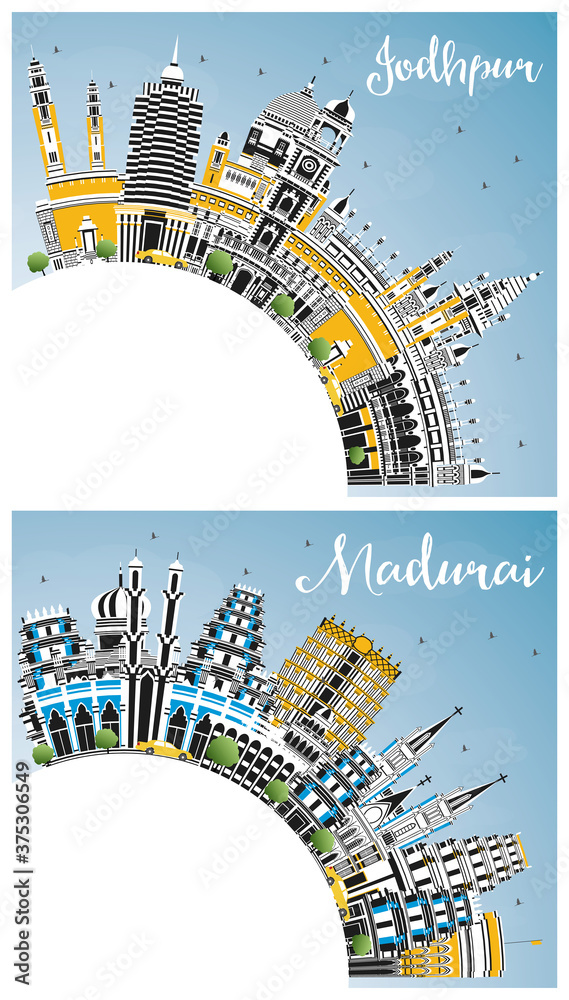 Madurai and Jodhpur India City Skylines with Color Buildings, Blue Sky and Copy Space.