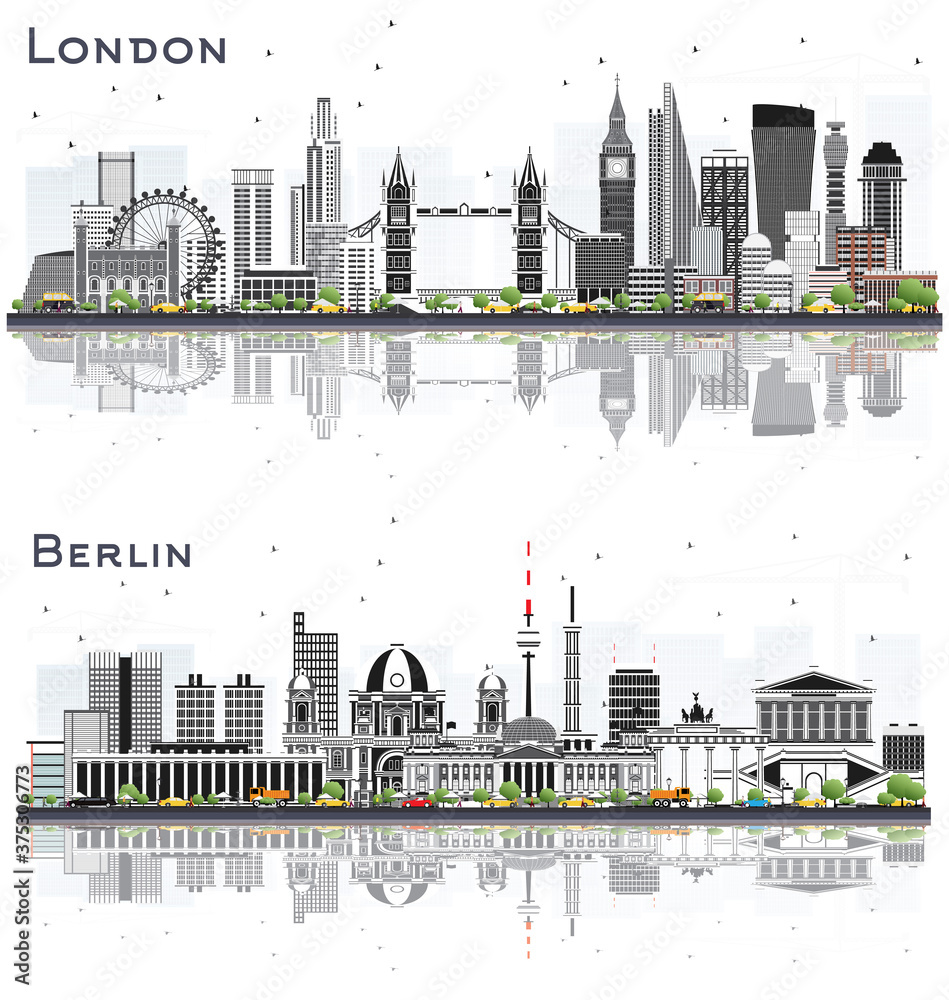 Berlin Germany and London England City Skylines with Gray Buildings and Reflections Isolated on White Background.