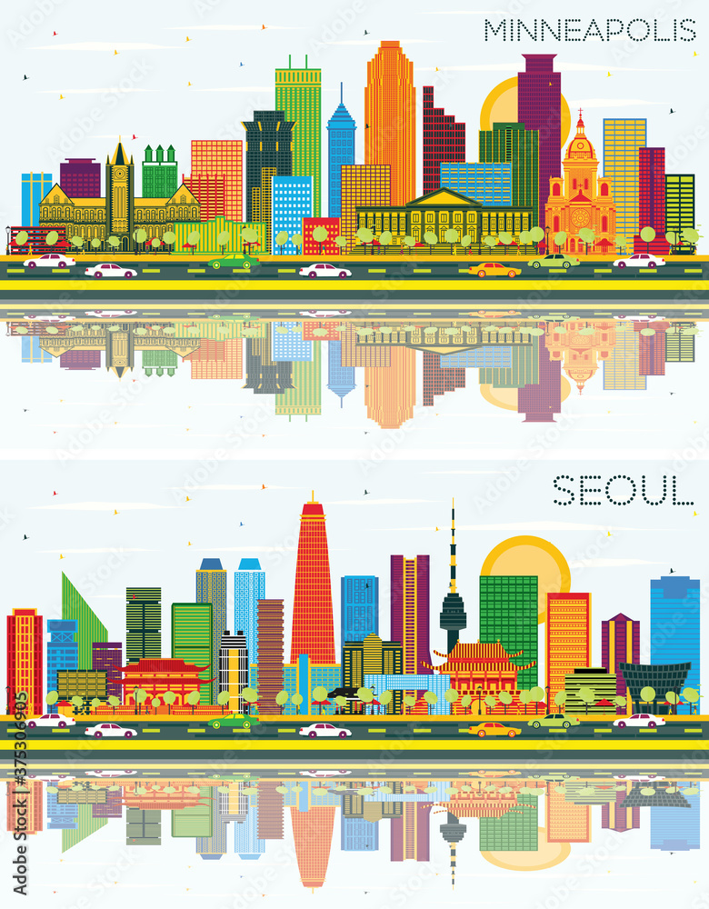 Seoul Korea and Minneapolis Minnesota USA City Skyline with Color Buildings, Blue Sky and Reflections.