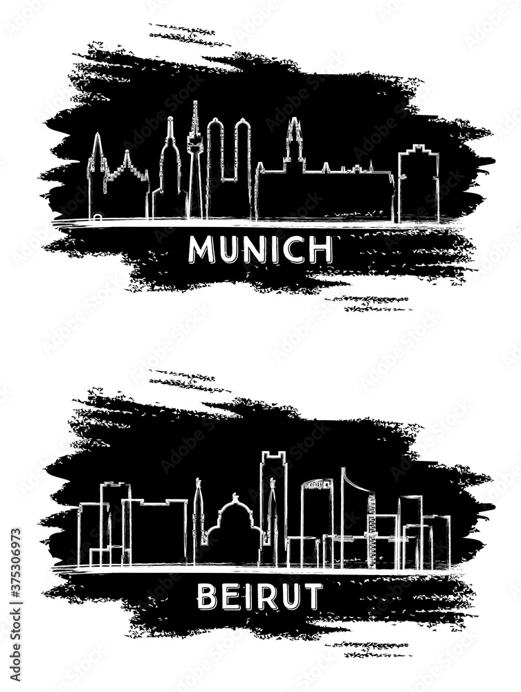 Beirut Lebanon and Munich Germany City Skyline Silhouette. Hand Drawn Sketch.