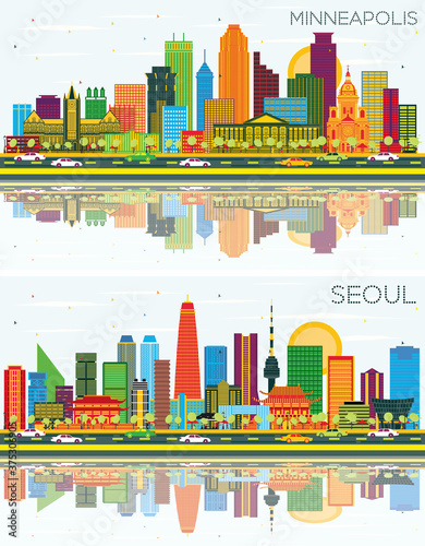 Canvas Print Seoul Korea and Minneapolis Minnesota USA City Skyline with Color Buildings, Blue Sky and Reflections