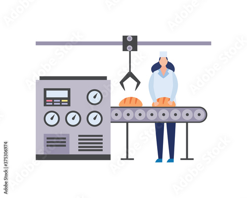 Food factory bakery equipment with worker flat vector illustration isolated.
