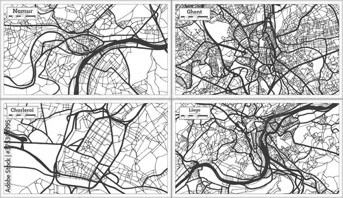 Ghent, Charleroi, Liege and Namur Belgium City Maps Set in Black and White Color. photo
