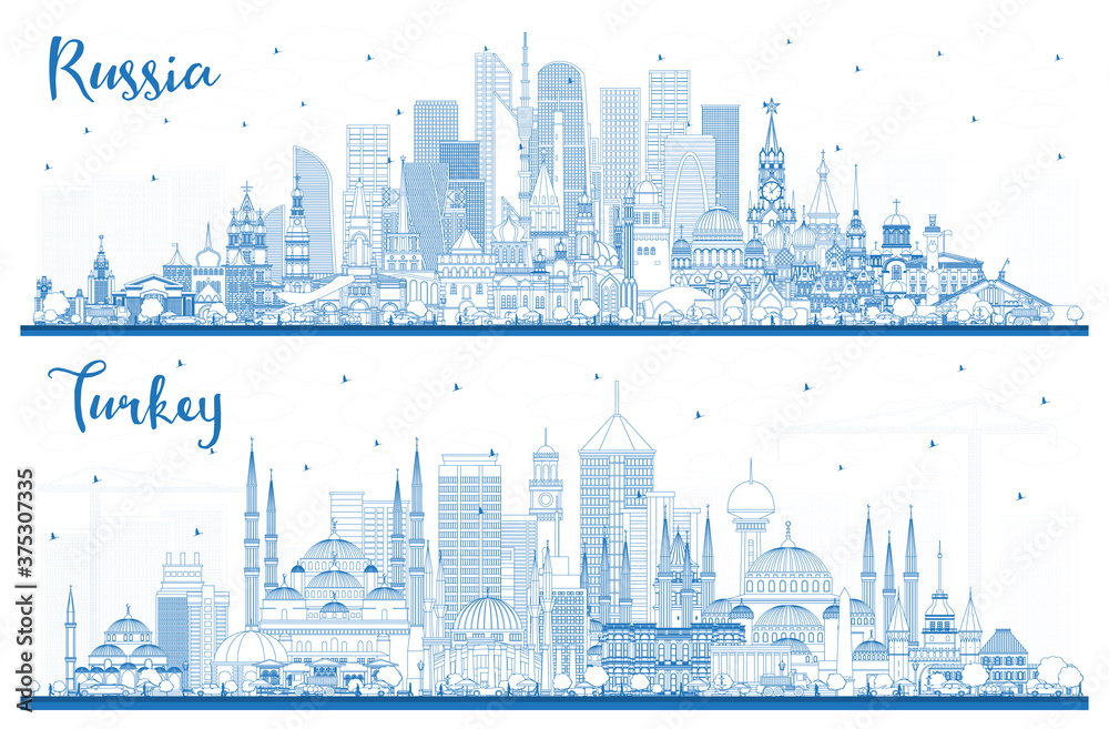 Outline Russia and Turkey City Skylines with Blue Buildings.
