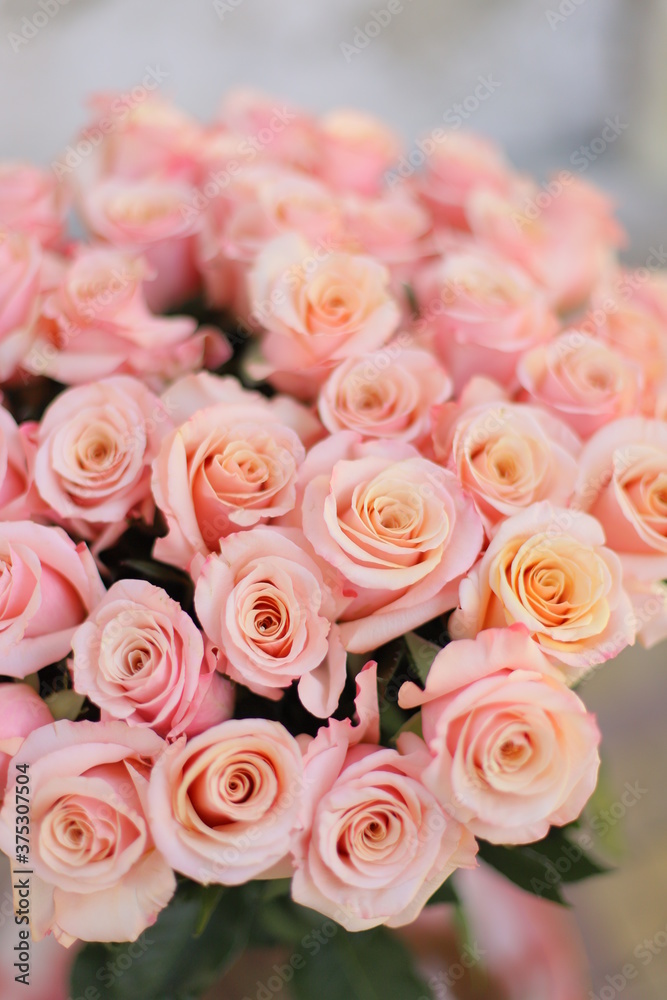 Beautiful flower bouquet of peach rose. Big bouquet of roses in vase on table.