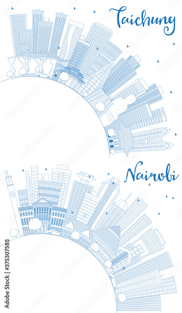 Outline Taichung Taiwan and Nairobi Kenya City Skylines Set with Blue Buildings and Copy Space.