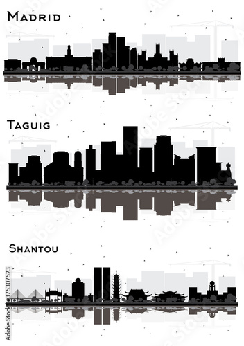 Madrid Spain  Shantou China and Taguig Philippines City Skyline Black and White Silhouette with Reflections.