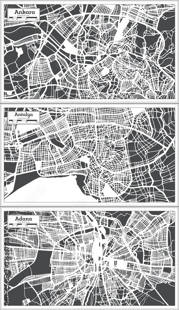 Obraz premium Ankara, Adana and Antalya Turkey City Maps in Retro Style.