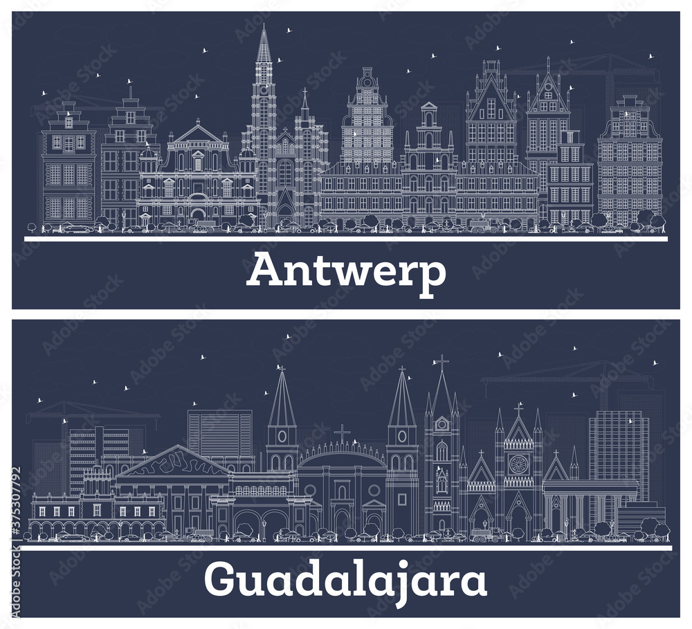 Outline Antwerp Belgium and Guadalajara Mexico City Skylines with White Buildings.