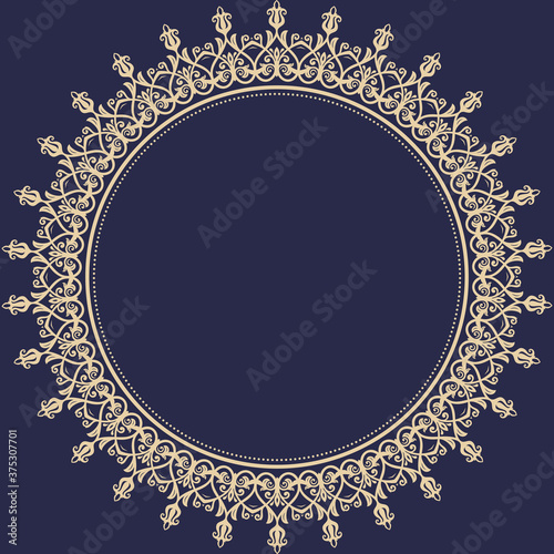 Oriental round golden frame with arabesques and floral elements. Floral border with vintage pattern. Greeting card with place for text