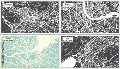 Basel, Geneva, Biel and Winterthur Switzerland City Maps in Retro Style.