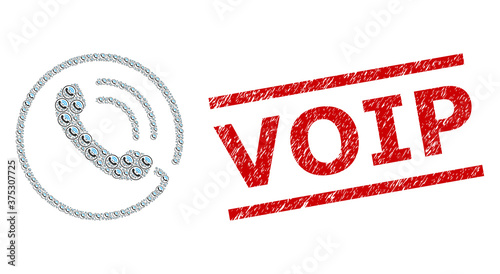 Recursive collage phone call and Voip unclean stamp seal. Vector collage is constructed from recursive phone call icons. Stamp includes Voip tag between parallel lines.