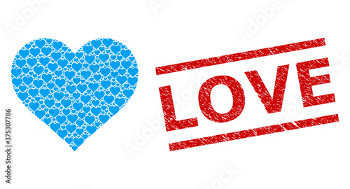Recursive mosaic love heart and Love corroded stamp seal. Vector mosaic is created of recursive love heart icons. Stamp includes Love caption between parallel lines.