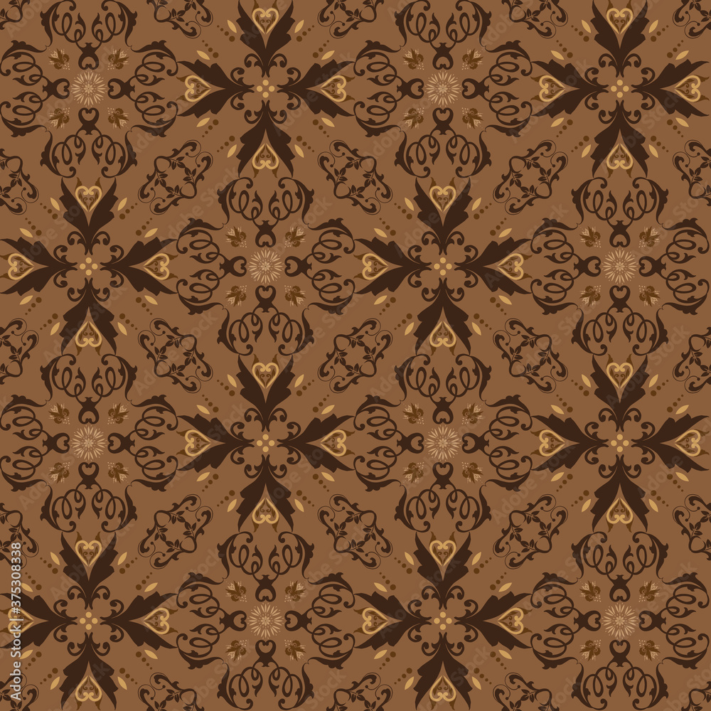 Modern flower pattern on Javanese batik with smooth dark brown color design.