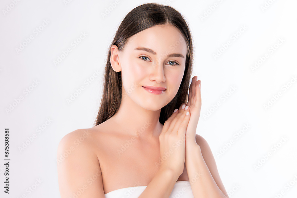 Beautiful Young Woman with Clean Fresh Skin, on white background, Face care, Facial treatment. Cosmetology, beauty and spa. women portrait Beautiful Young Woman with Clean Fresh Skin, on white background, Face care, Facial treatment. Cosmetology, beauty and spa. women portrait