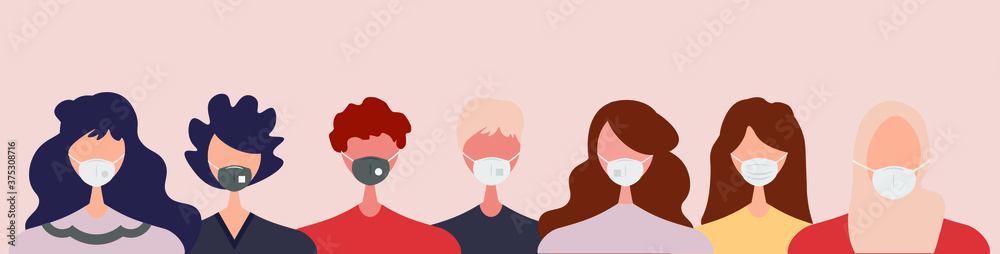 Group of people wearing medical masks to prevent disease, flu, air pollution. Coronavirus. Vector illustration in a flat style. Group of people wearing medical masks to prevent disease, flu, air pollution. Coronavirus. Vector illustration in a flat style.