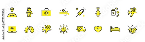 Set of Coronavirus Protection Vector Line Icon. Contains such Icons as Ambulance, Novel CoronaVirus, Protective Measures, Symptoms, Incubation Period and more. 32x32 Pixels. Editable Stroke