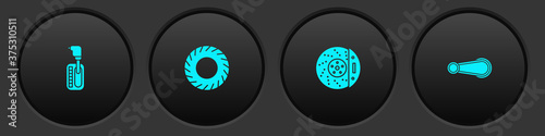 Set Gear shifter, Car tire, brake disk with caliper and door handle icon. Vector.