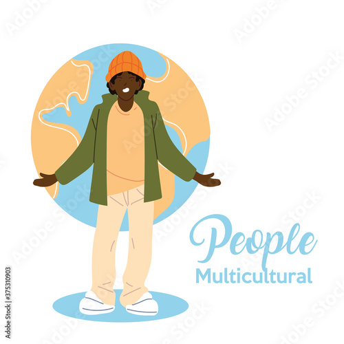 black man cartoon in front of world sphere vector design