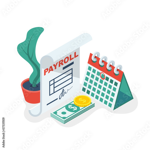 Payroll concept. Salary payment. Landing page, template web design. Vector illustration isometric style. Financial document. Revenue sharing document.