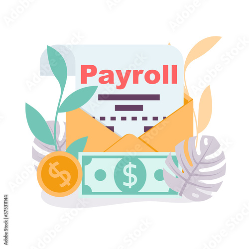 Payroll concept. Salary payment. Landing page, template web design. Vector illustration flat design. Financial document. Revenue sharing document.