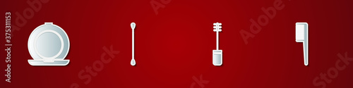 Set Makeup powder with mirror, Cotton swab for ears, Mascara brush and Hairbrush icon. Vector.