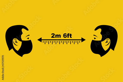 Social distancing concept. Landing page social awareness. People stand keep distance of 2 meter or 6 feet. People in protective masks. Coronavirus Prevention covid-19. Vector illustration flat design.