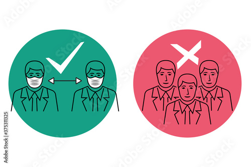 People stand keep distance and in crowd. Approved and prohibited black icon line. People in protective masks. Social distancing concept. Landing page social awareness. Vector illustration flat design.