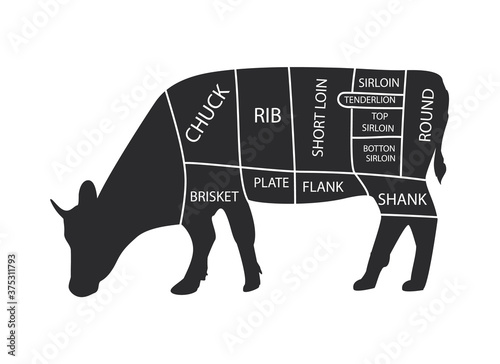 Cut of beef set. Poster Butcher diagram - Cow. Vintage typographic hand-drawn