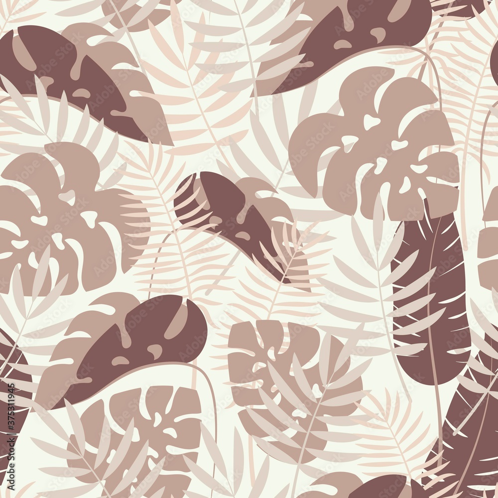 Fototapeta premium Tropical leaves. Seamless pattern. Delicate background in calm pastel colors. Isolated vector illustration.