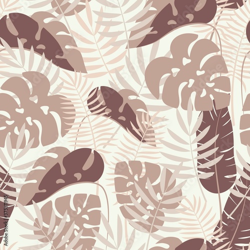 Tropical leaves. Seamless pattern. Delicate background in calm pastel colors. Isolated vector illustration.