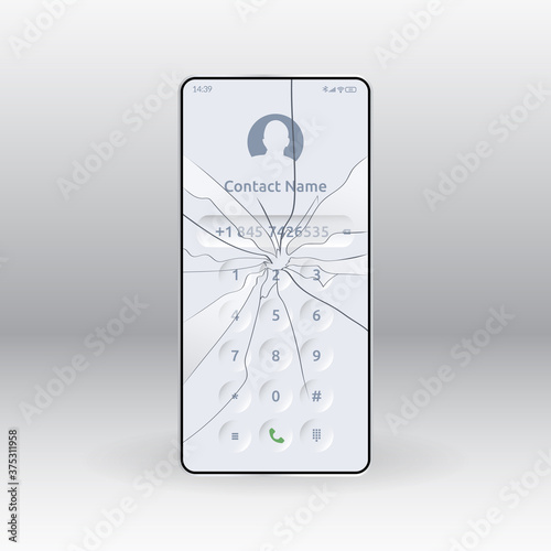 Smartphone with a broken screen, cracks and fragments on the glass of the phone. The touch screen needs to be replaced. Template for advertising, mobile applications, websites. Vector. 3d