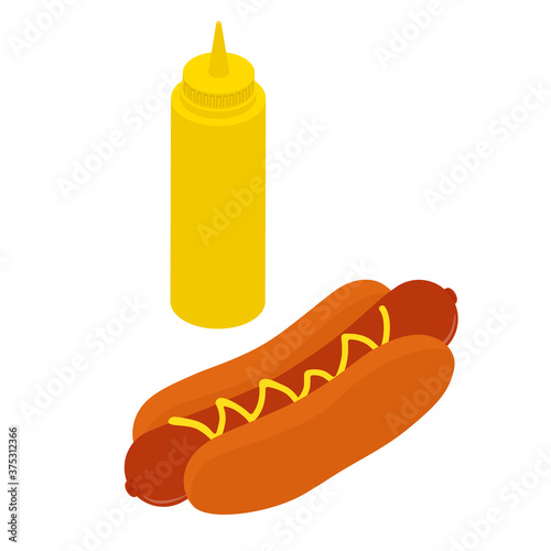 Big hot dog with mustard isolated on white background.