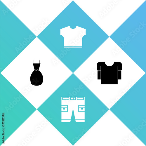 Set Woman dress, Short or pants, T-shirt and Long sleeve icon. Vector.