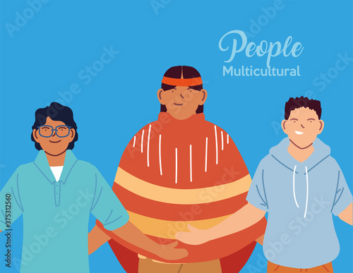 latin usa indian and asian men cartoons vector design