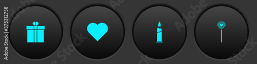 Set Gift box and heart, Heart, Burning candle and Lollipop icon. Vector.