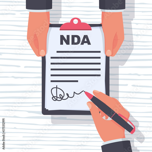 Non disclosure Agreement document with signature. NDA concept. Businessman signs a privacy document. Vector illustration flat design.